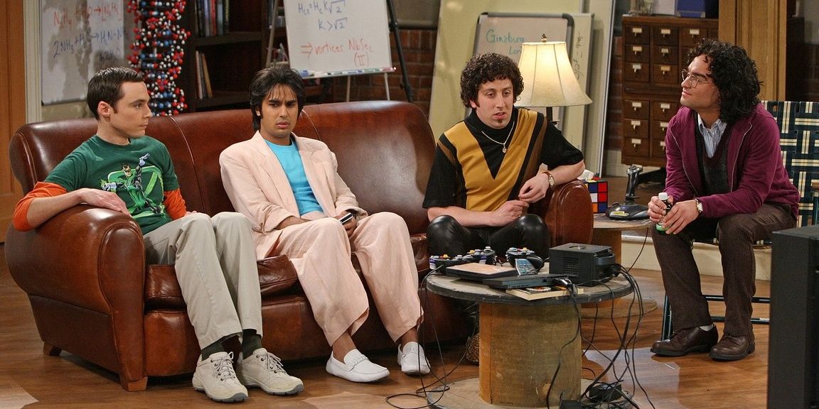 Sheldon, Raj, Howard and Leonard sitting on the furniture in Sheldon's living room in The Big Bang Theory