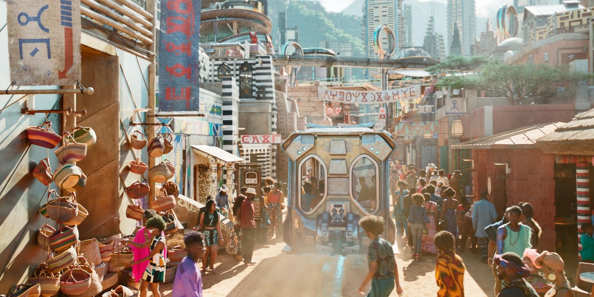 A screenshot of the Wakanada's futuristic downtown proper in Black Panther