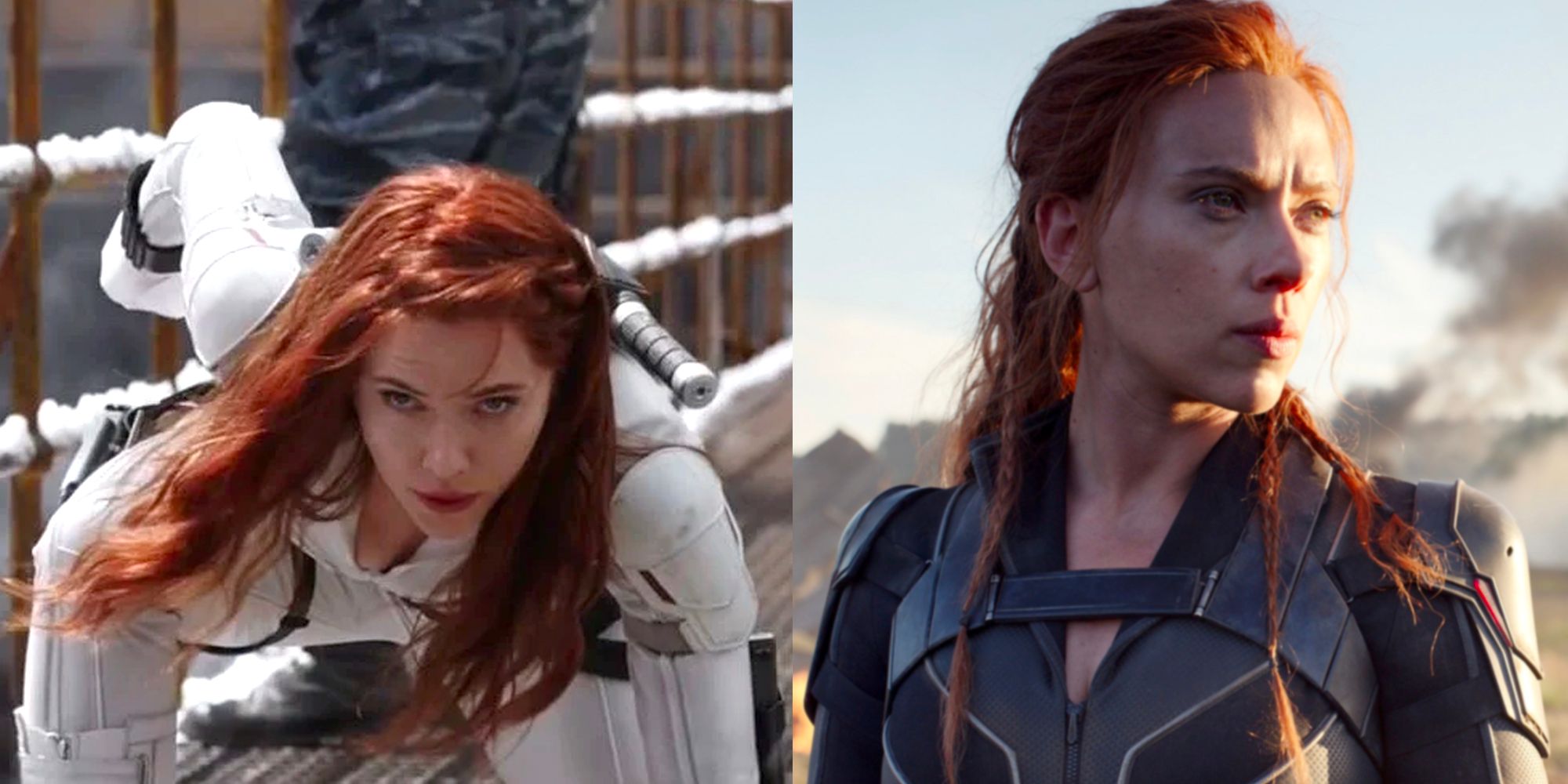 Split image Scarlett Johansson as Natasha Romanoff in white suit and black suit in Black Widow