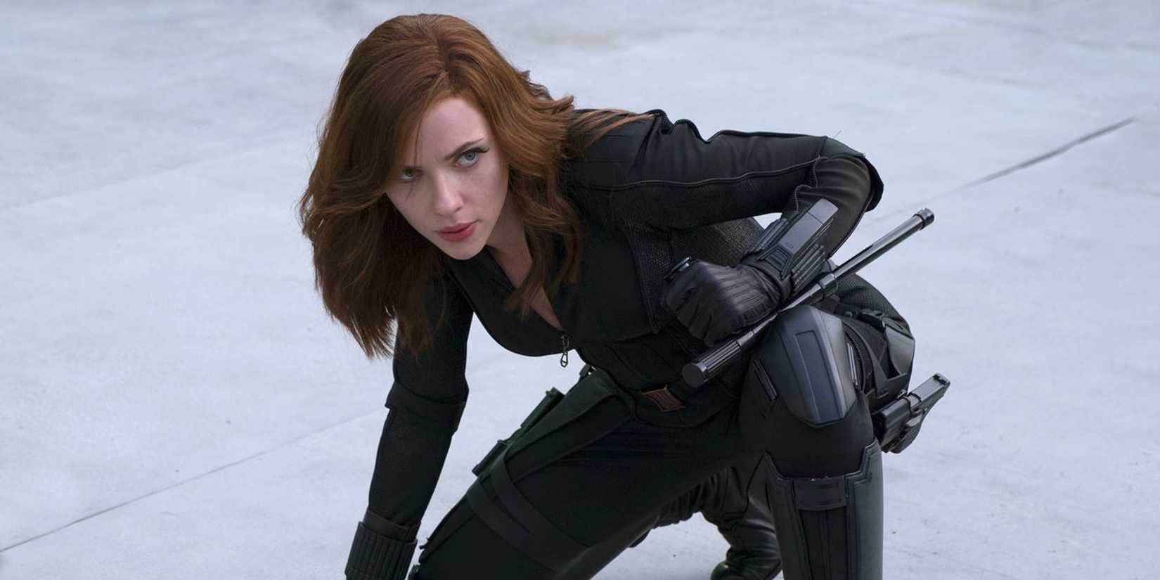 Scarlett Johansson as Natasha Romanoff aka Black Widow crouching during the airport fight in Captain America Civil War