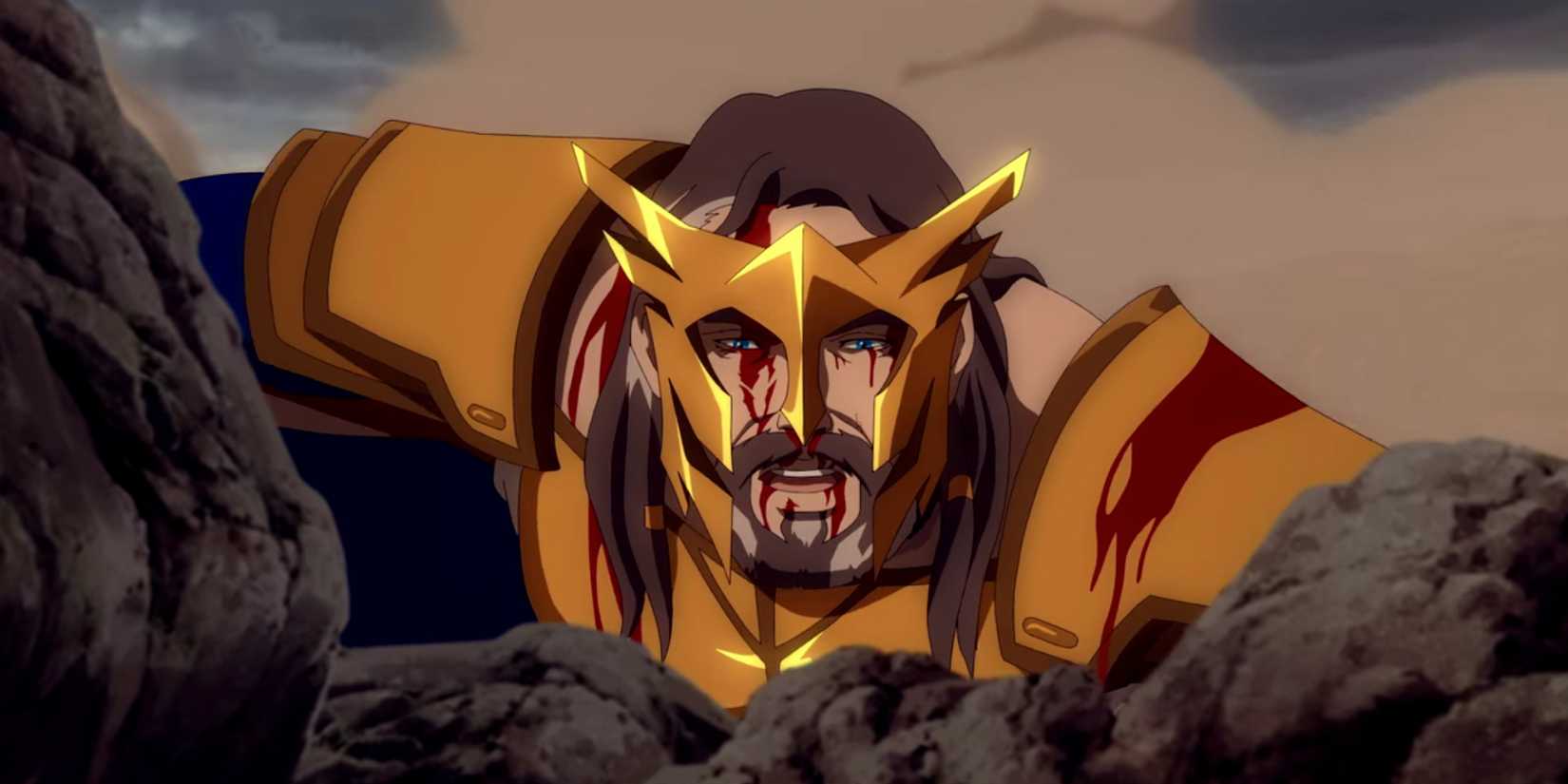 An injured Zeus climbing rocks in Blood of Zeus.