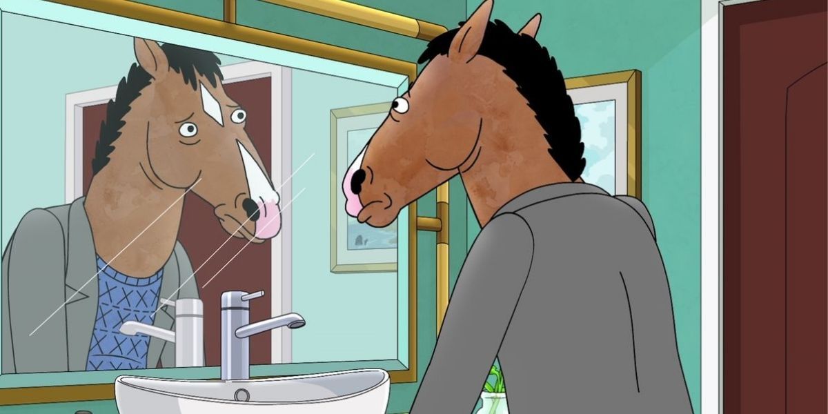 BoJack Horseman stares at his reflection in the mirror