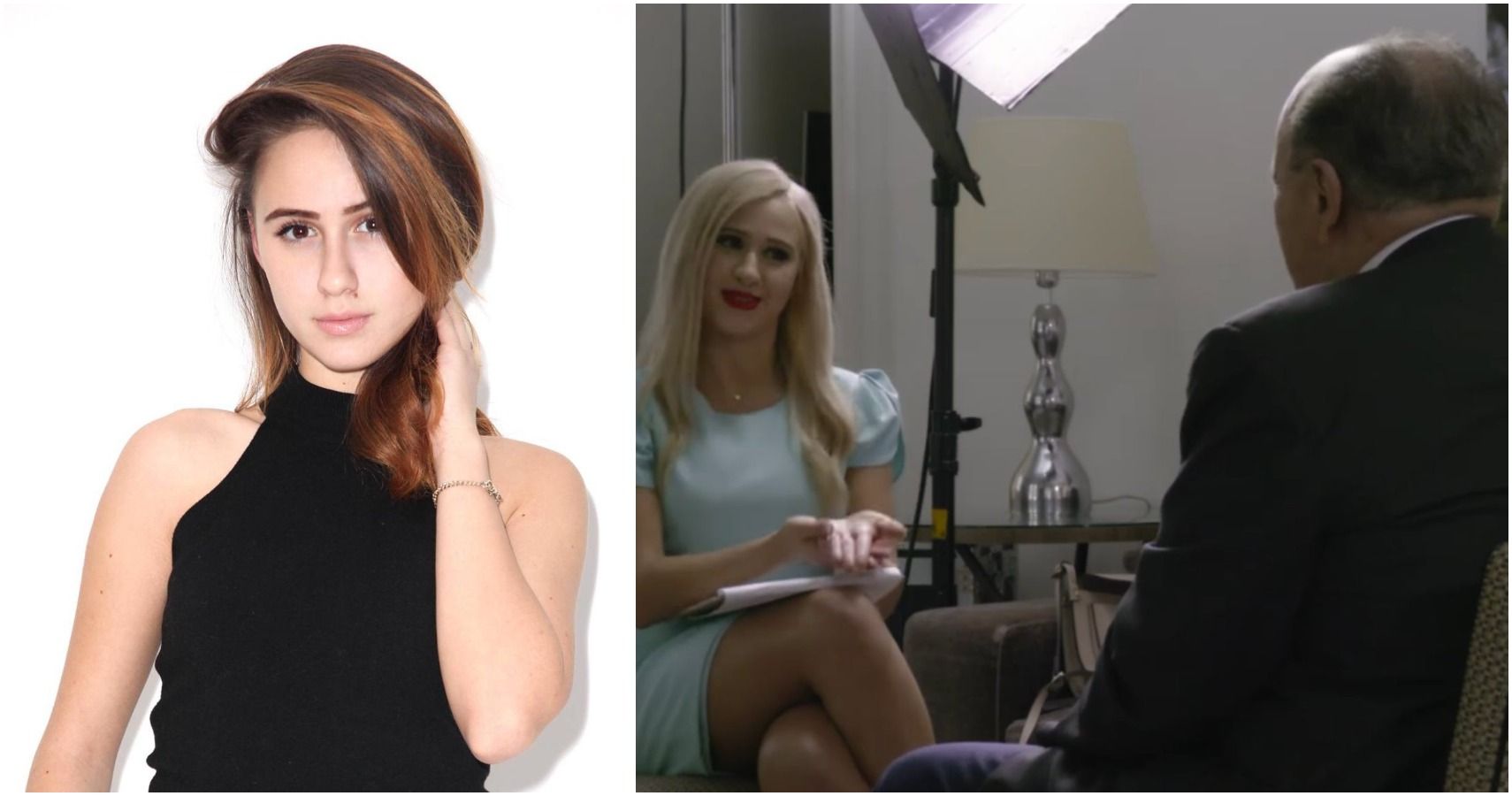 Headshot of Maria Bakalova on the left, her in an interview in the film on the right