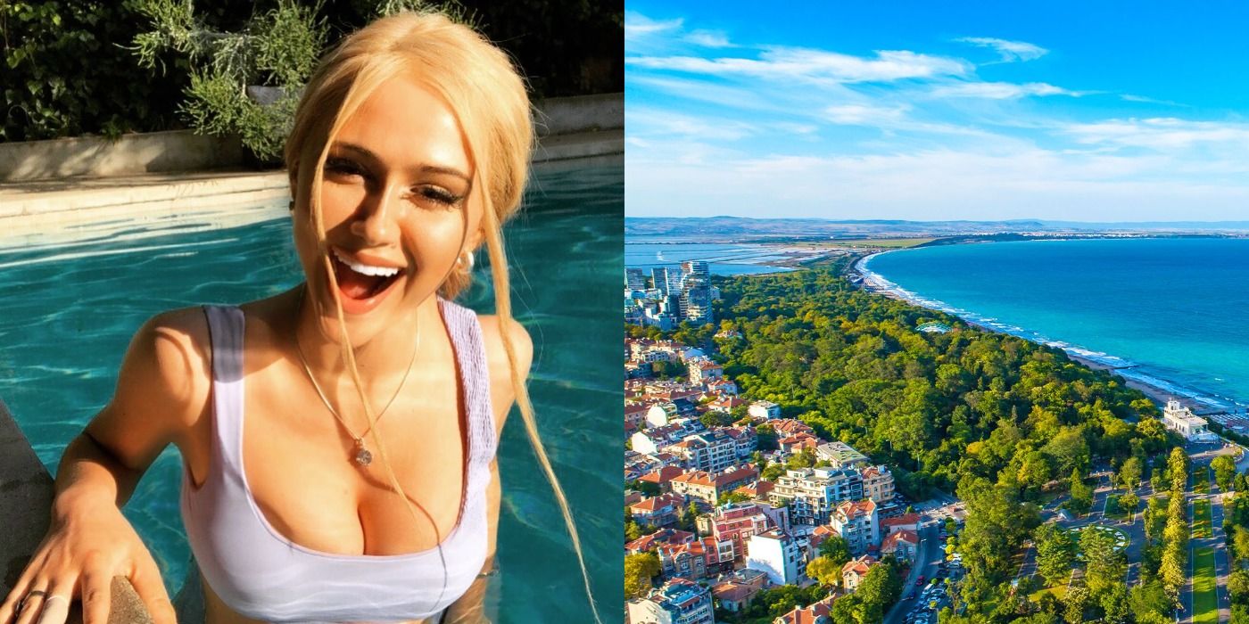 A photo of Maria Bakalova in a pool on the left and a photo of Burgas on the right