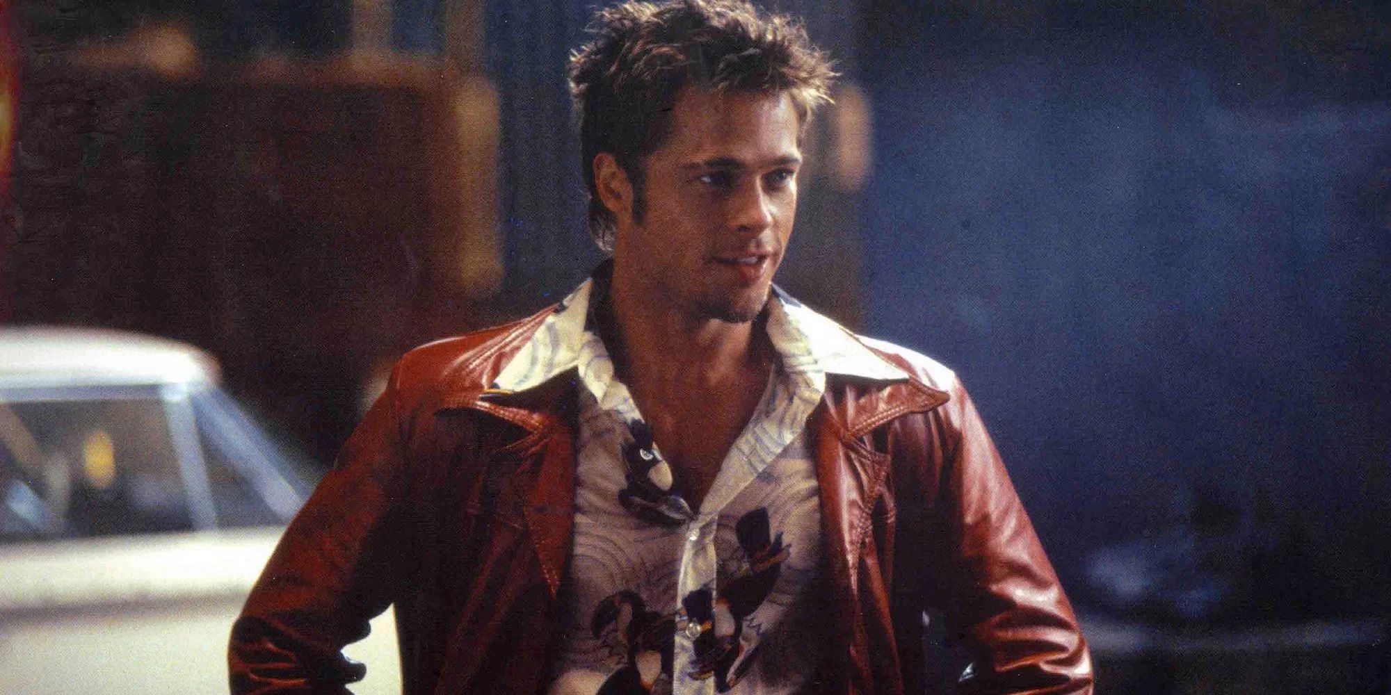 Brad Pitt wearing a red leather jacket in Fight Club