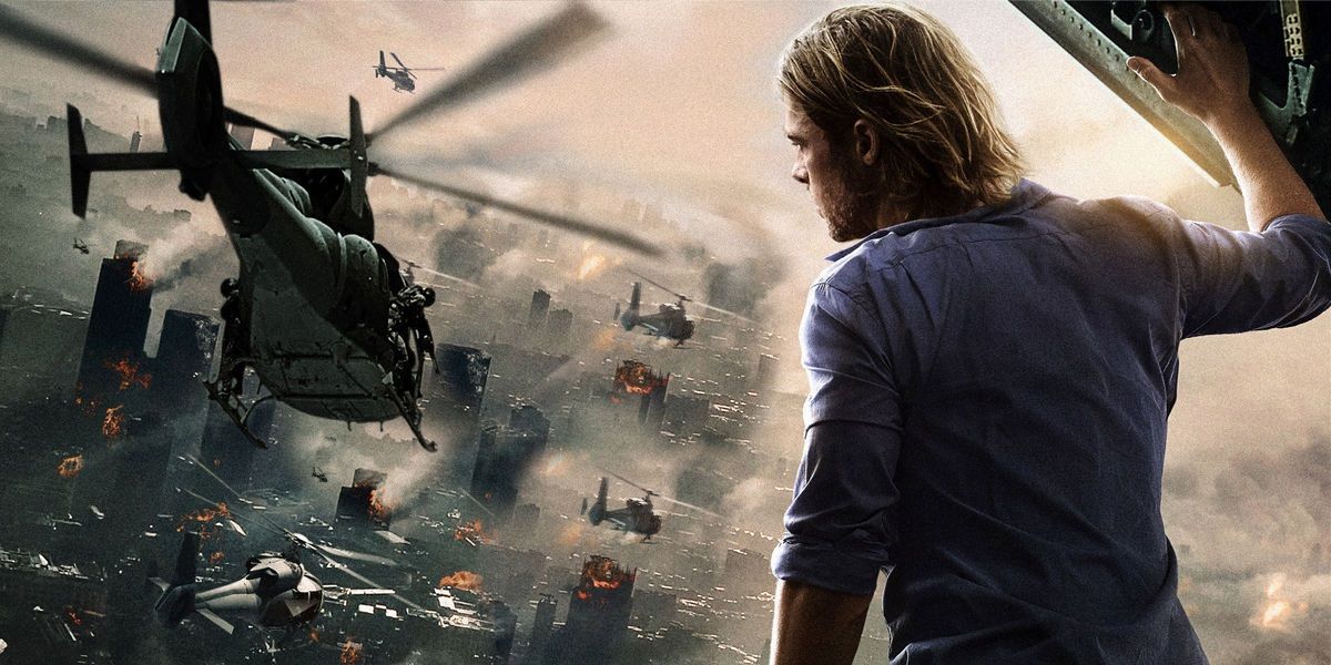 Gerry Lane looking out of a helicopter in World War Z