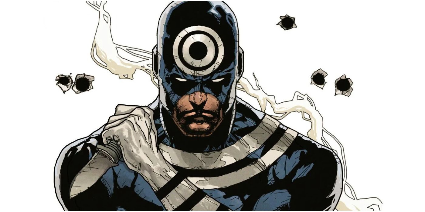 Bullseye holding a knife and surrounded by bullet holes in Marvel comic art