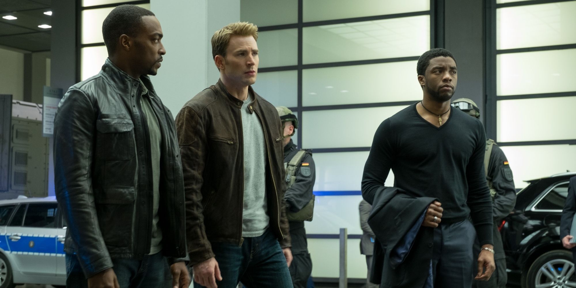 Chris Evans, Chadwick Boseman, and Anthony Mackie in Captain America Civil War
