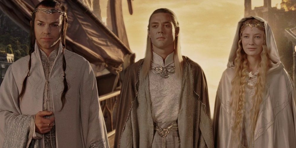 Elrond, Celeborn, and Galadriel stand in front of the ships about to depart for the Grey Havens