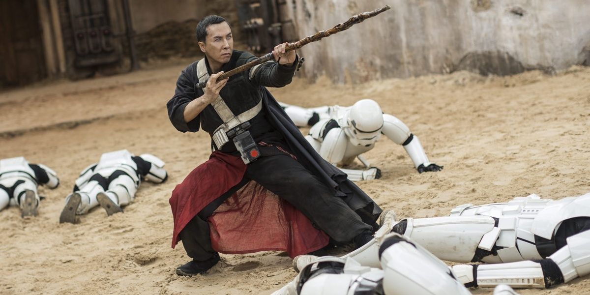 Chirrut Imwe fights off a group of stormtroopers in Rogue One A Satr Wars Story