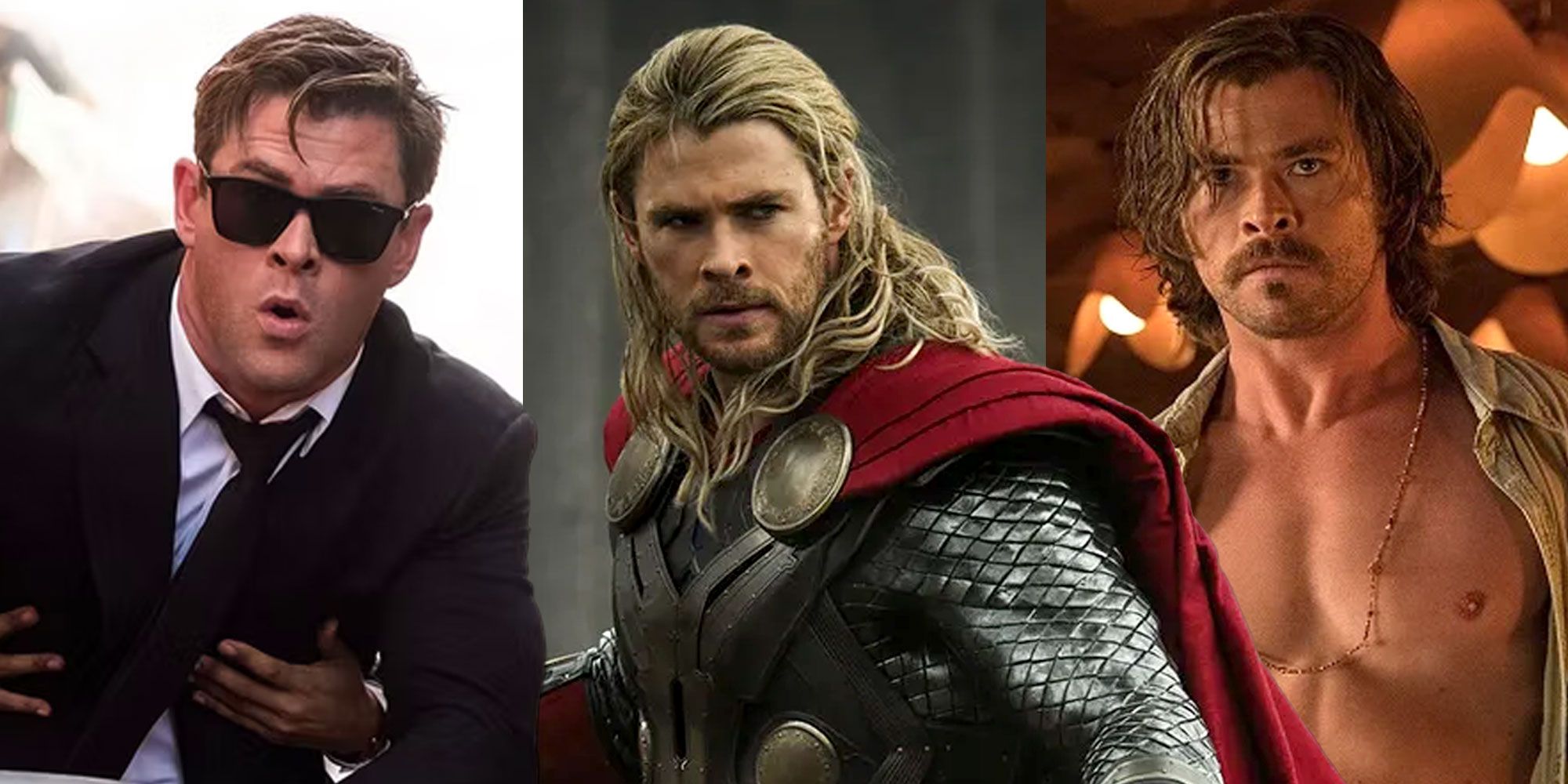 A split image features Chris Hemsworth as characters in Men In Black International, Thor, and Bad Times At The El Royale