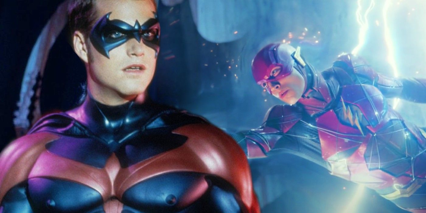 Chris O'Donnell as Dick Grayson Robin in Batman & Robin and Ezra Miller as Barry Allen Flash in Justice League