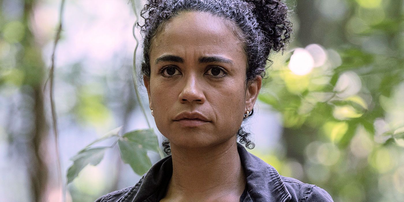 Connie in The Walking Dead Season looking ahead, hair up, slight frown.
