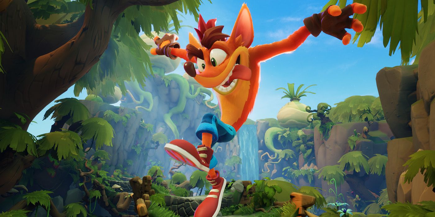 Crash springs into action with his tongue out in Crash Bandicoot 4