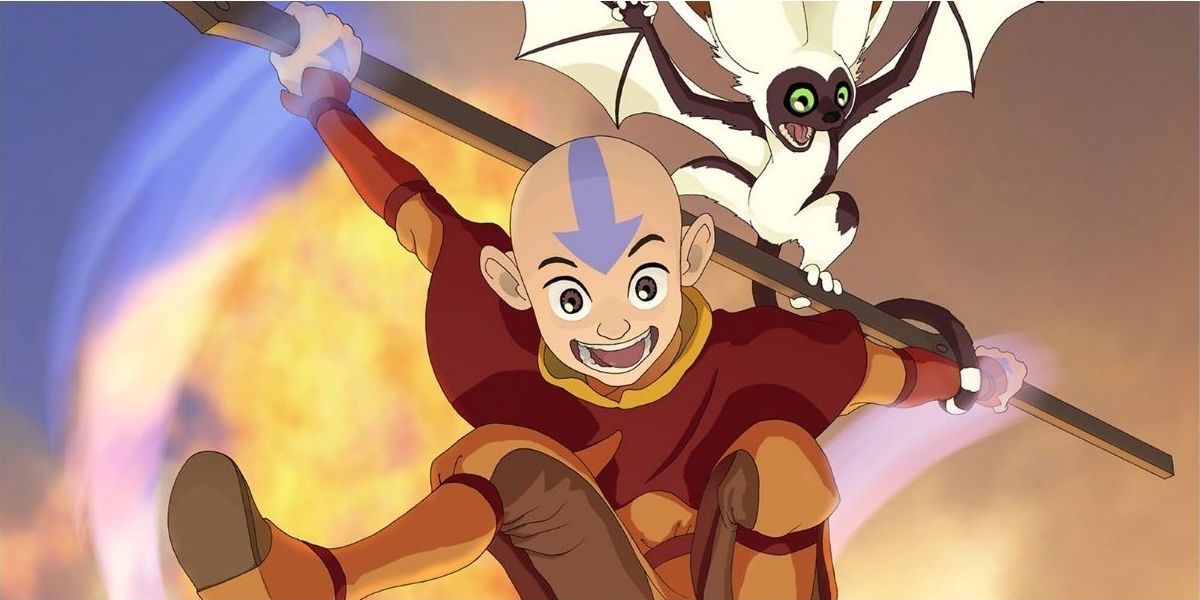 Aang and Momo with elements behind them