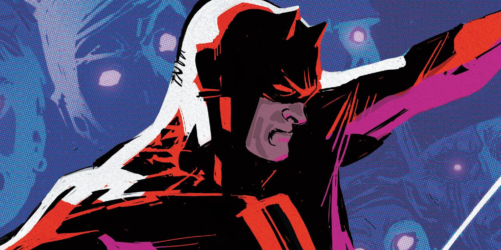 Daredevil swinging in comic book cover art