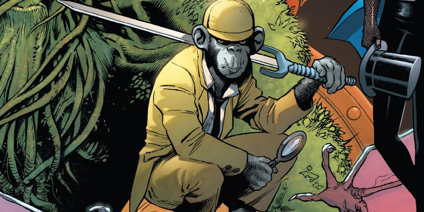 Detective Chimp sitting on his haunches and holding a sword