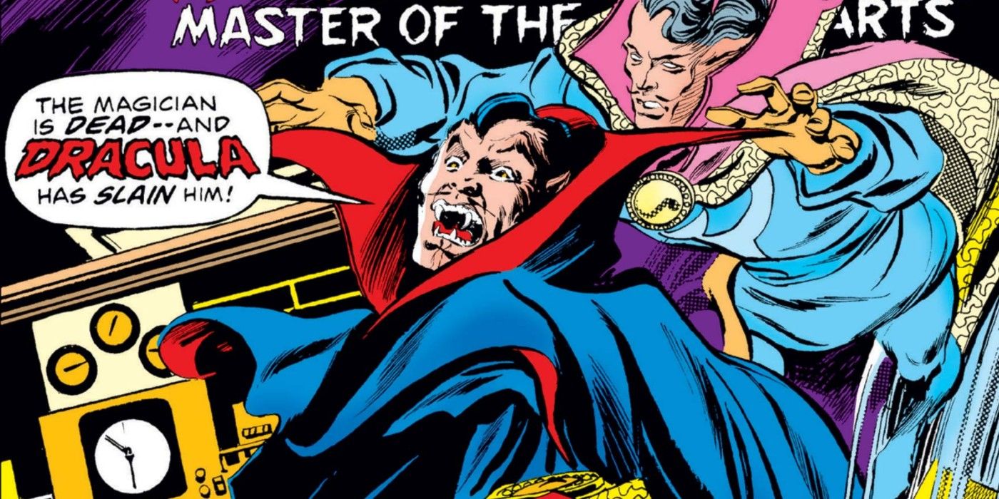 Doctor Strange's astral form attacks Dracula in Marvel Comics.