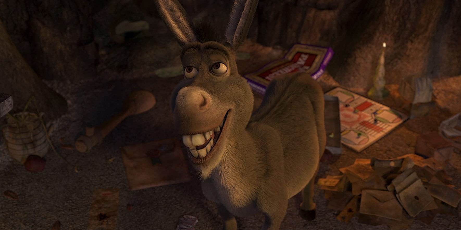 Donkey looking up and smiling in Shrek