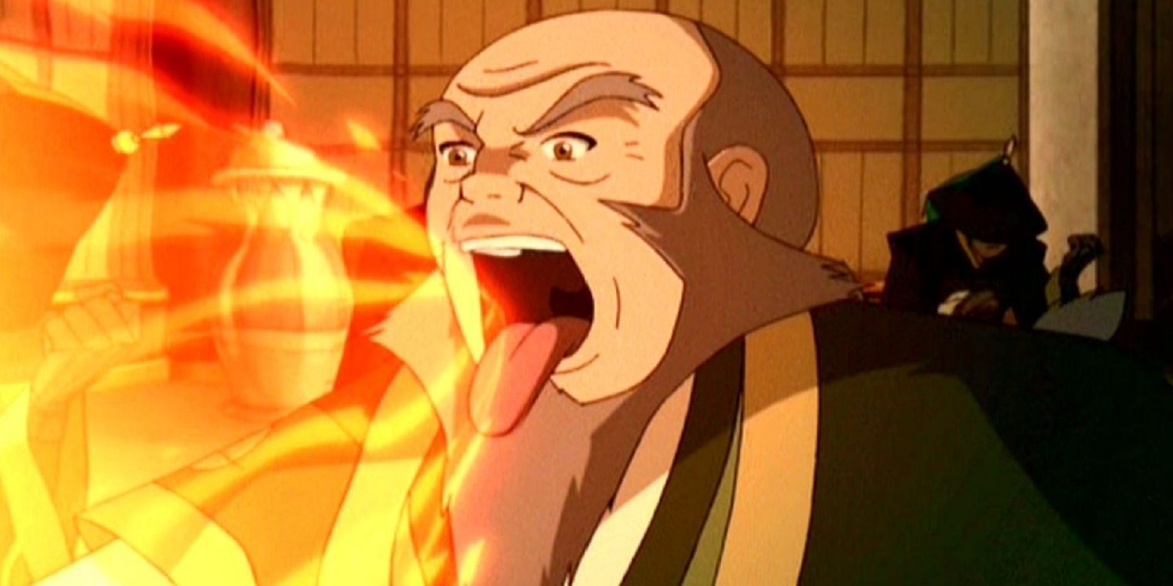 Uncle Iroh breathing fire in Avatar