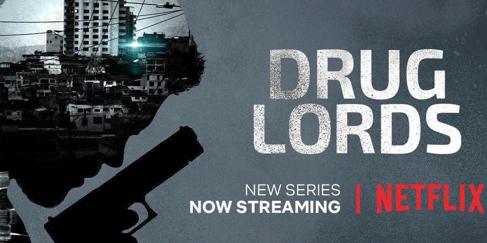 Silhouette of a person holding a gun on the title screen of Netflix's Drug Lords