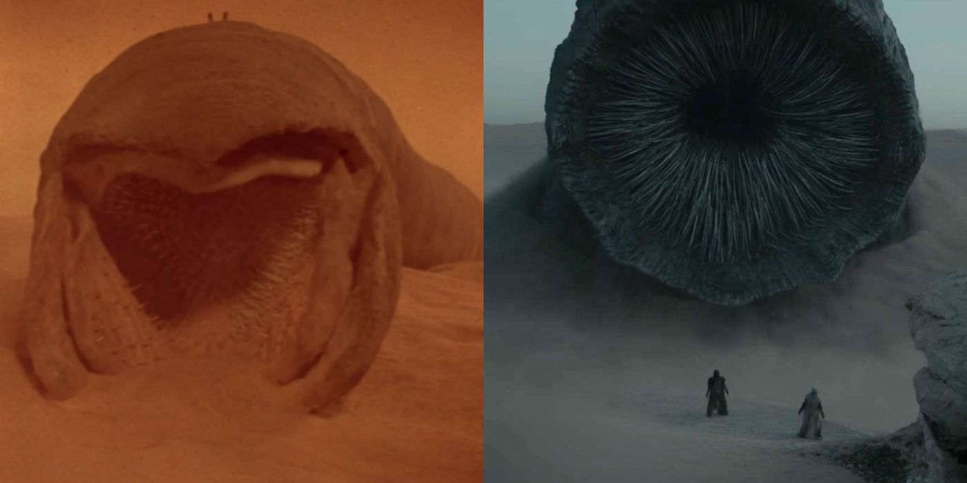 Split image of Sandworms in Dune 1984 and Dune 2021