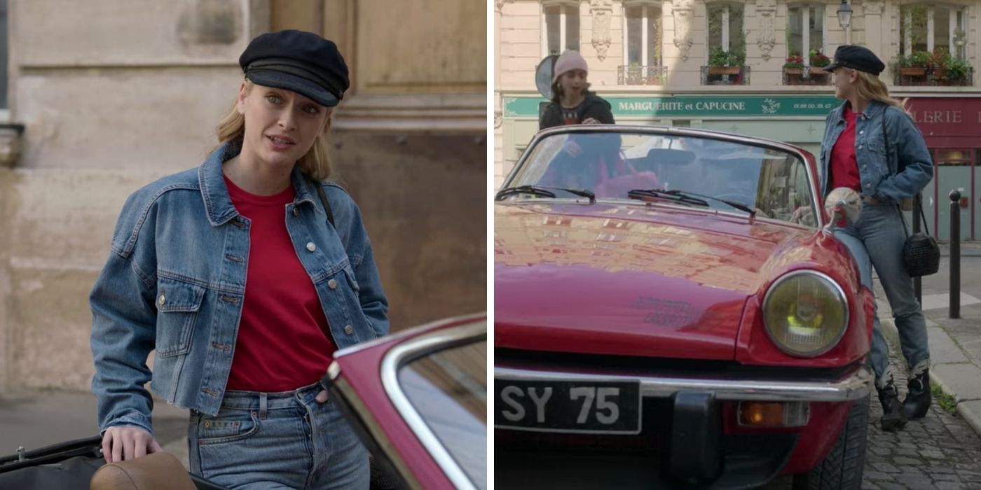 Split image of Emily and Camille stood and Camille's car in Emily in Paris