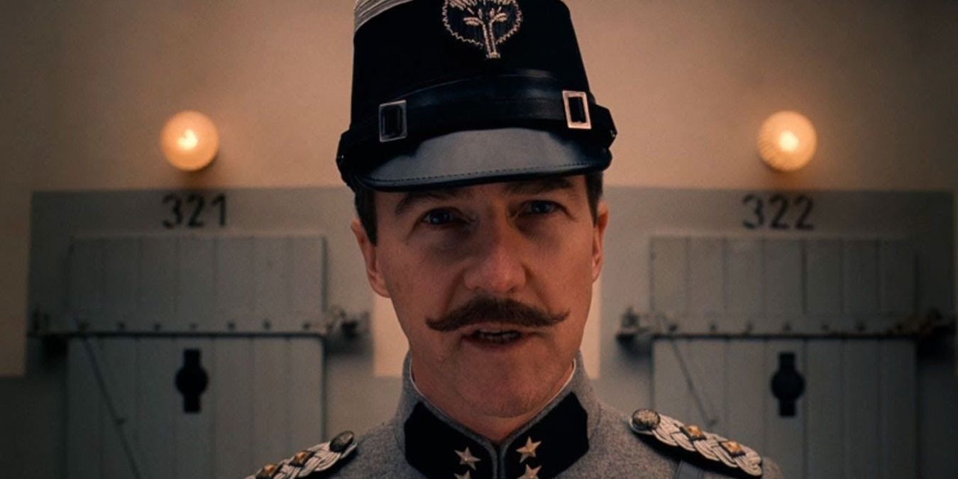 Henckels questioning M Gustave in The Grand Budapest Hotel.