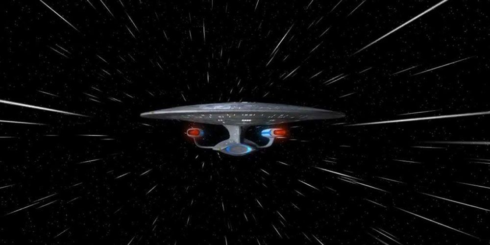 The Enterprise flies at warp speed 