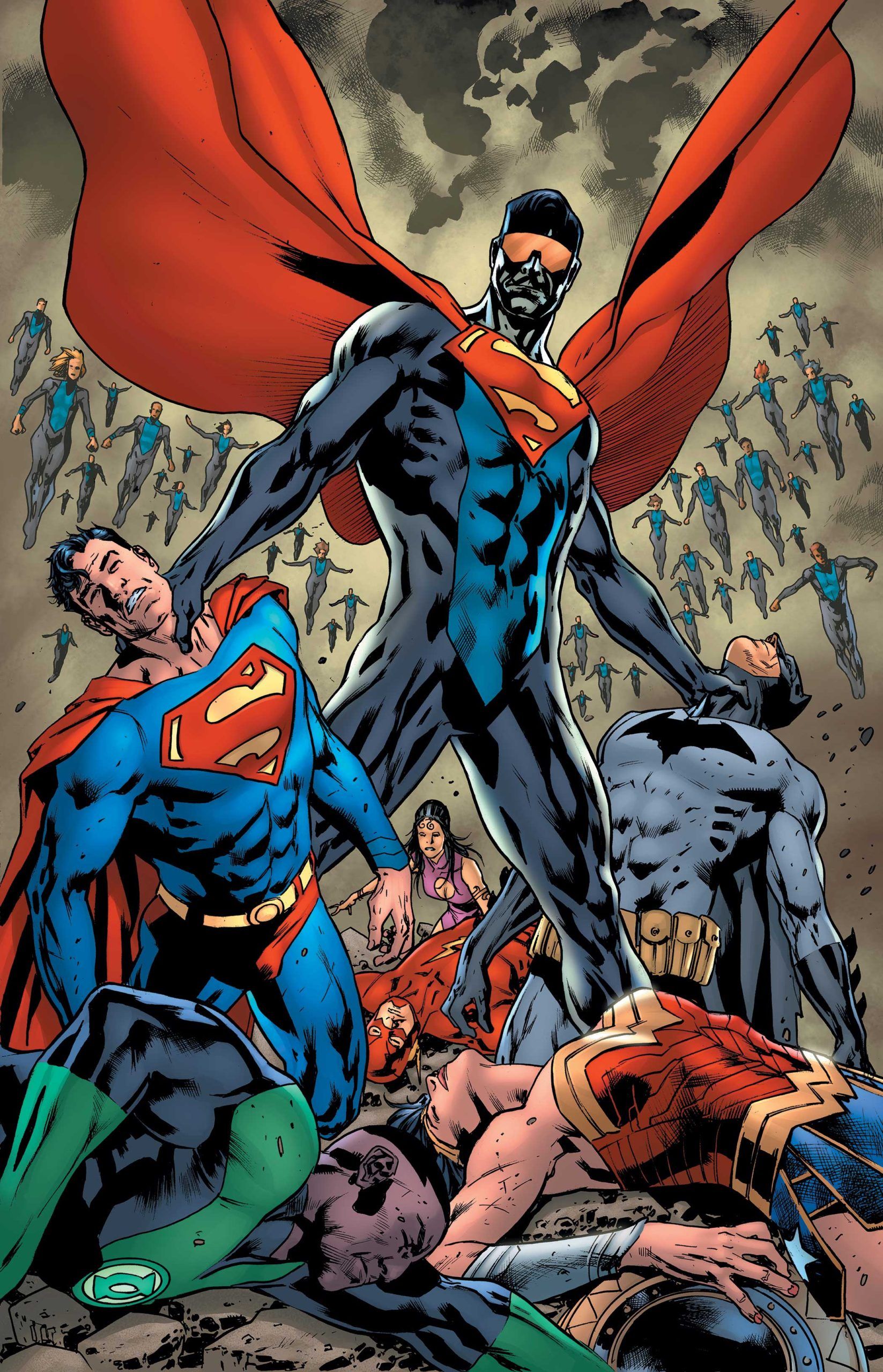 Comic book cover: Eradictor takes down the Justice League while holding Superman and Batman in each hand.