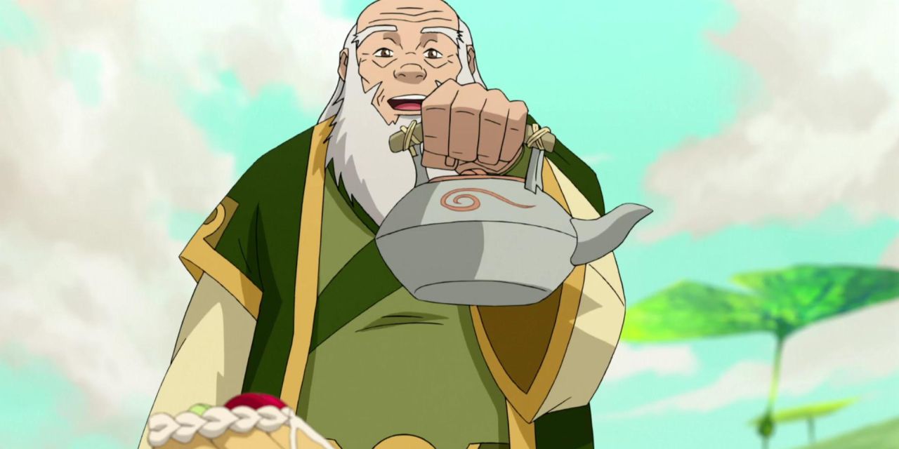 Tio Iroh segurando uma chaleira em sua mão estendida em Avatar