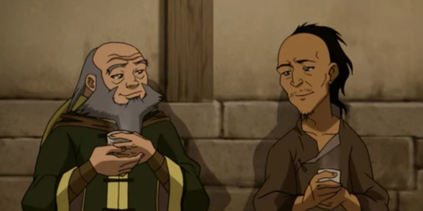 Uncle Iroh talking with another man and holding a cup in Avatar