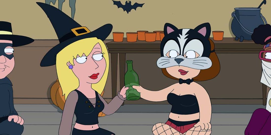 Meg dressed in a Halloween costume playing spin the bottle in Family Guy