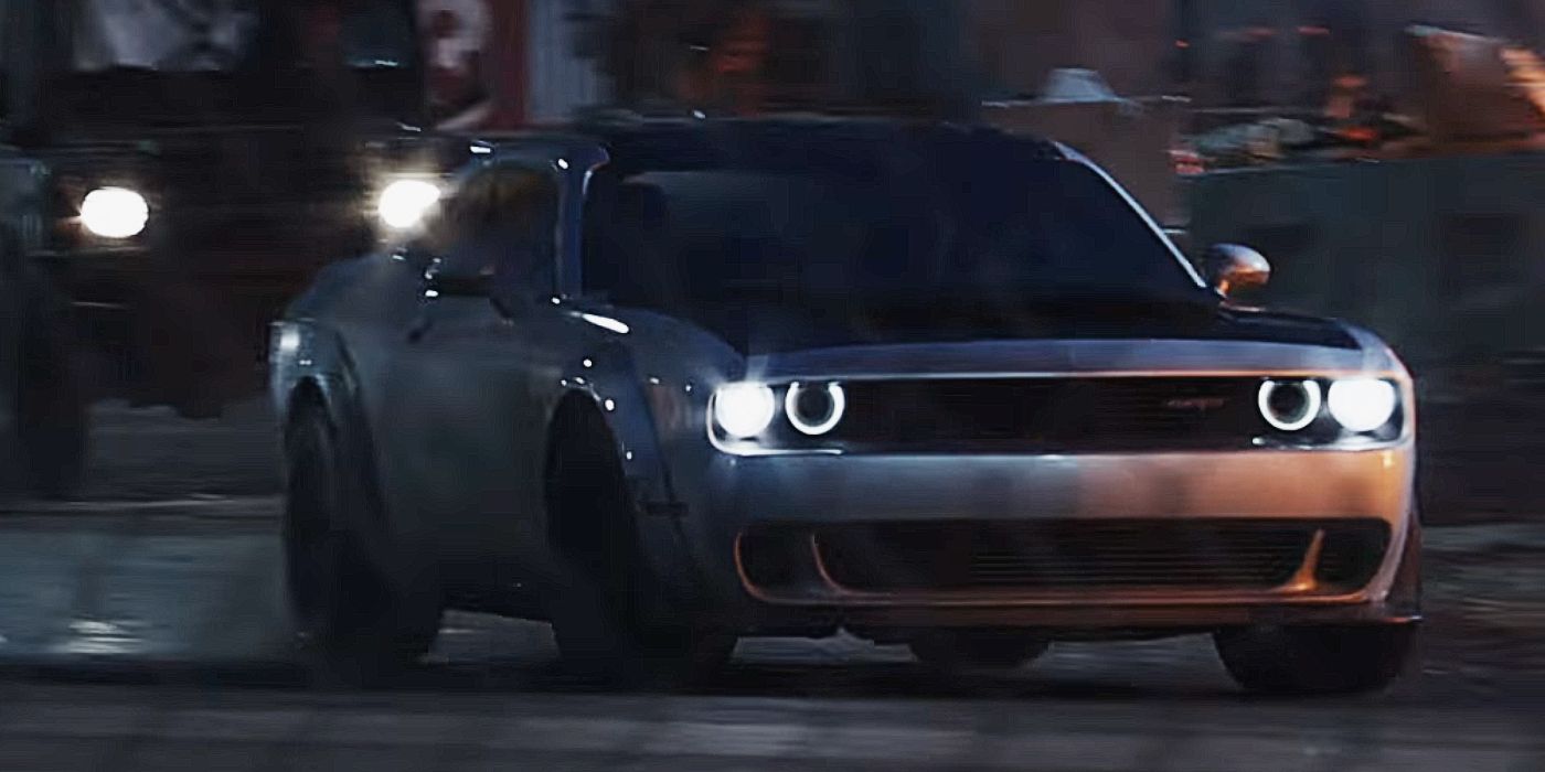 Letty's Dodge Challenger Demon speeding down the street in Fate of the Furious