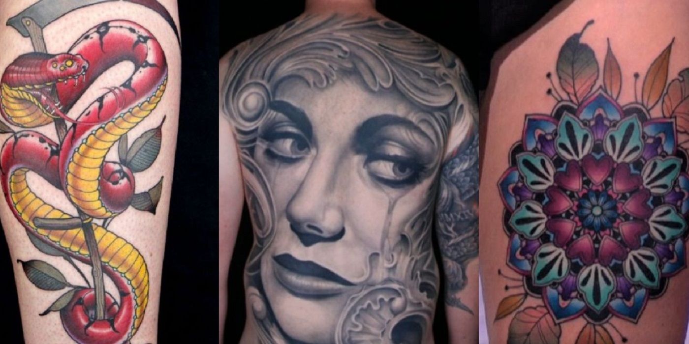 Split image: A snake tattoo, a tattoo of a woman's face, and a floral mandala tattoo featured in Ink Master season 9.