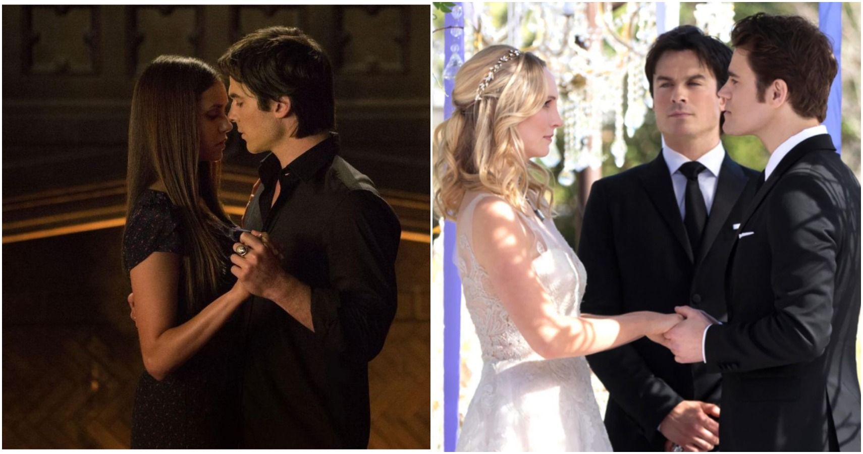 Split image of couples Elena and Damon as well as Caroline and Stefan in The Vampire Diaries