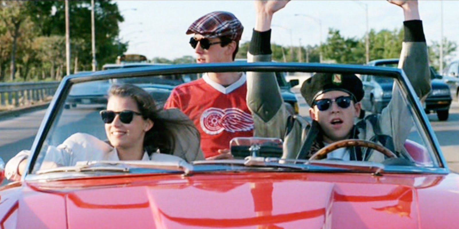 Ferris, Cameron, and Sloane riding together in the car in Ferris Bueller's Day Off