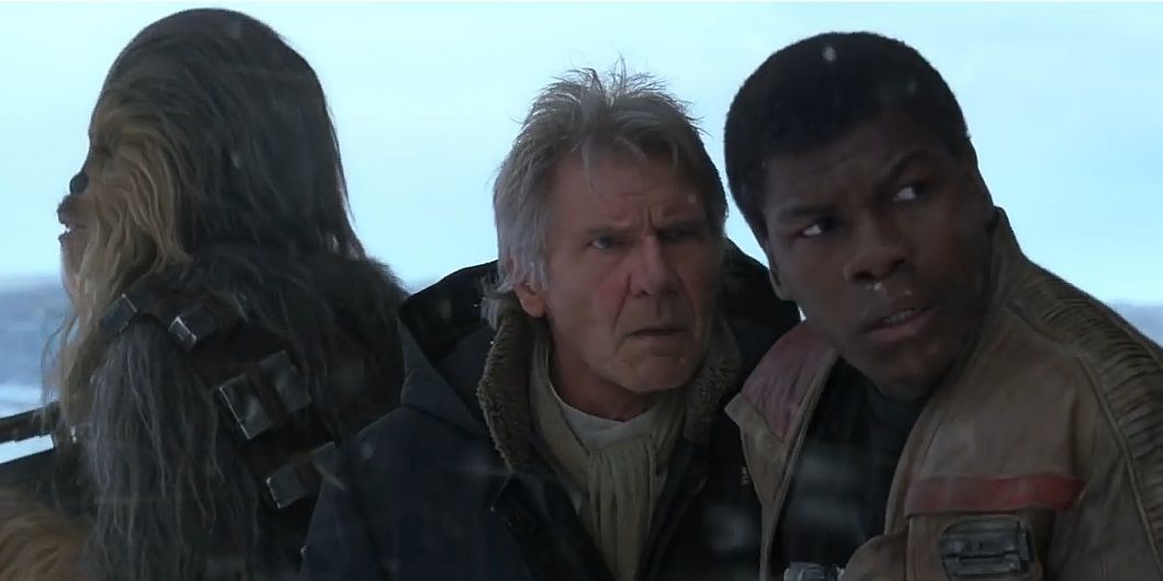 Finn, Han, and Chewie in Star Wars The Force Awakens