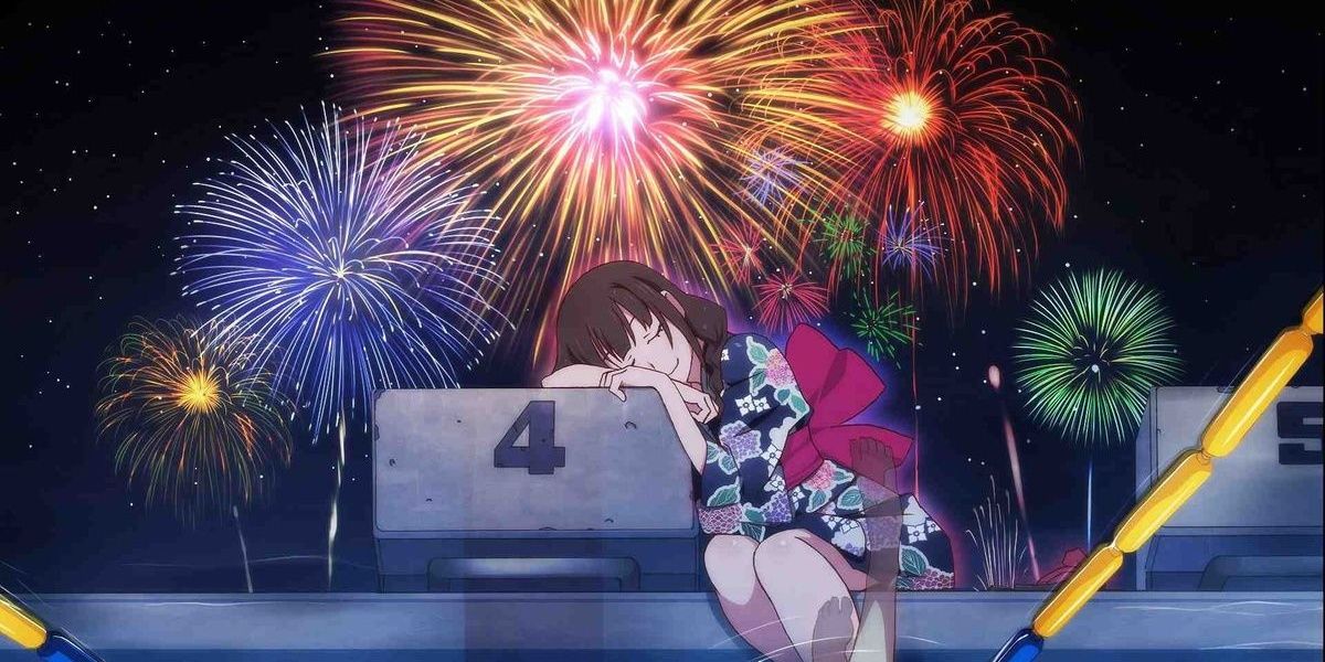Nazuna Resting With Fireworks Behind Her