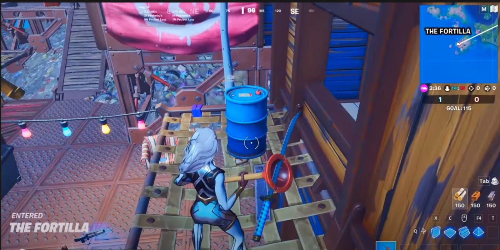A player dressed as Storm finds a barrel at the Fortilla in Fortnite