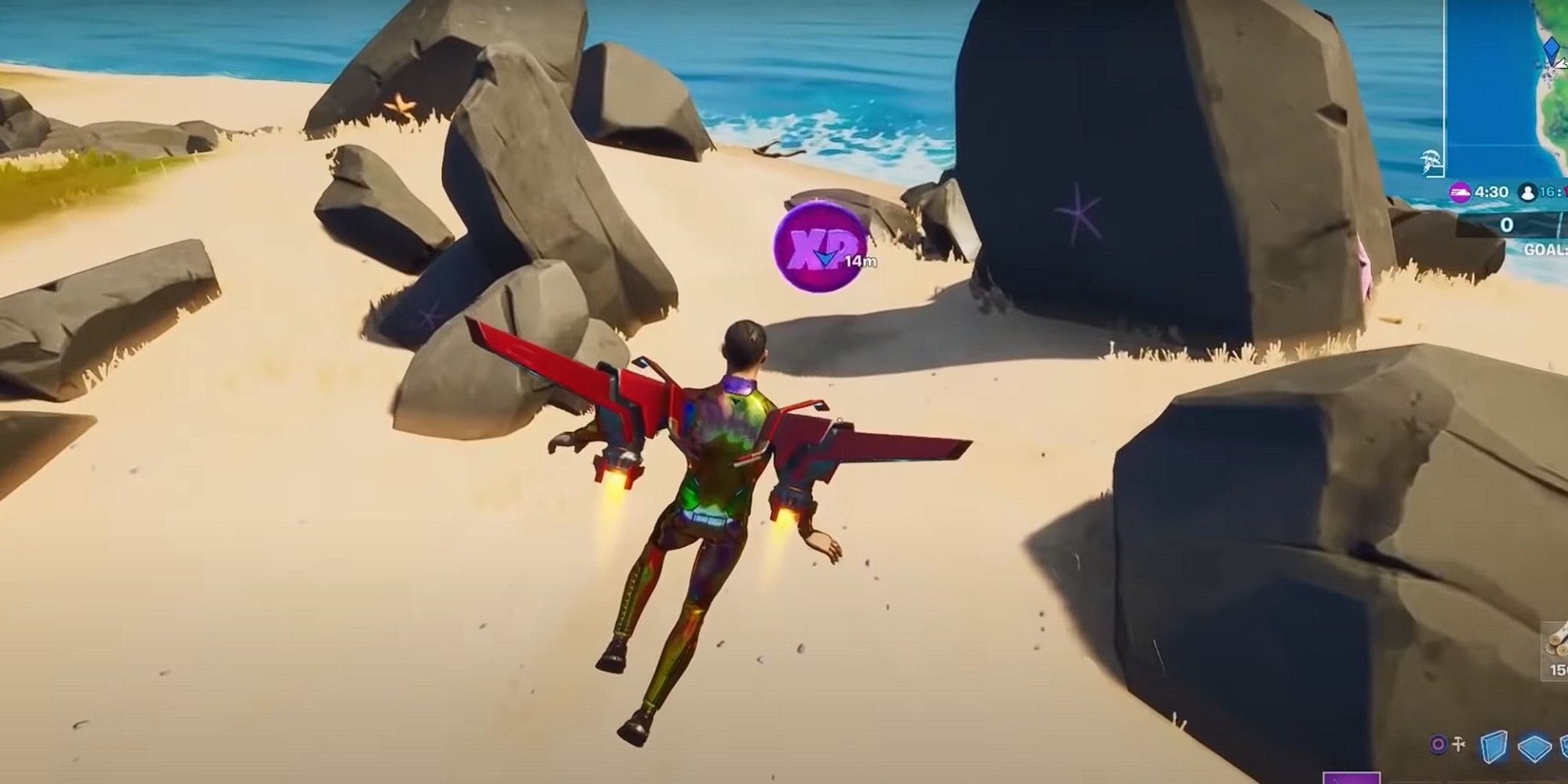 A player lands to grab a Purple XP Coin on a beach in Fortnite