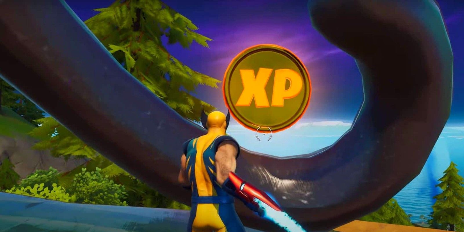 A player finds the Week 8 Gold XP Coin at Panther's Prowl in Fortnite Season 4
