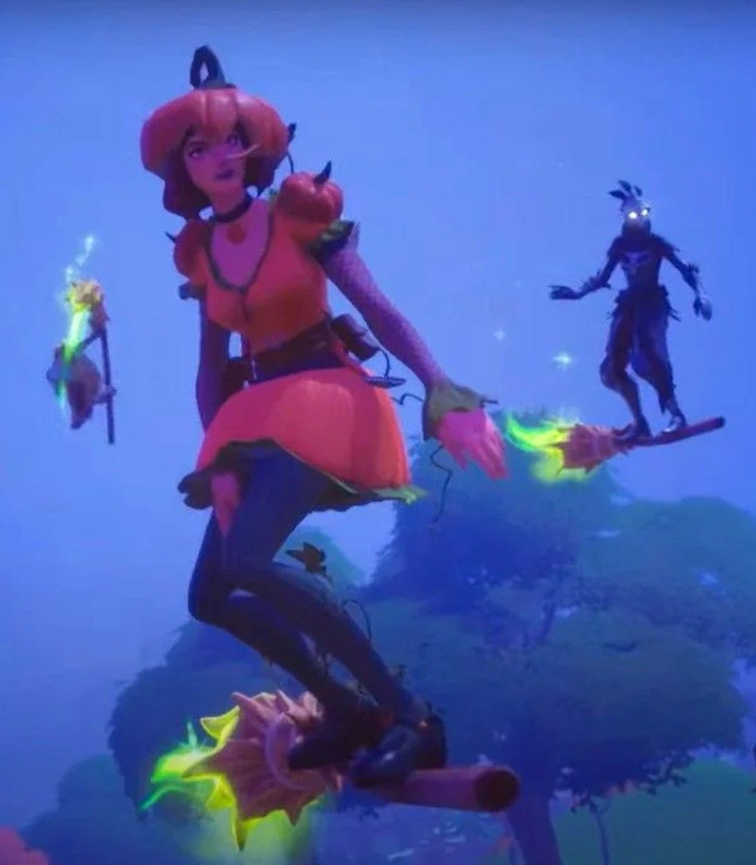 Players ride Witch Brooms during the Fortnitemares event in Fortnite