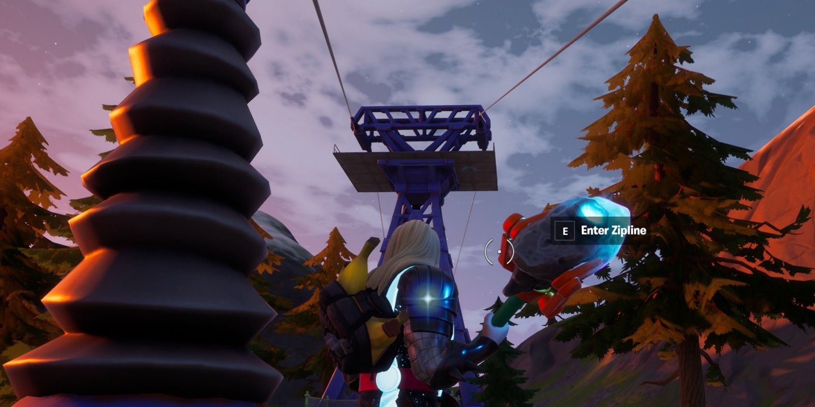 A player prepares to enter the zipline at Retail Row in Fortnite
