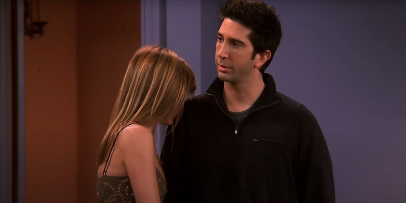 Rachel leaning her head on Ross's shoulder on Friends