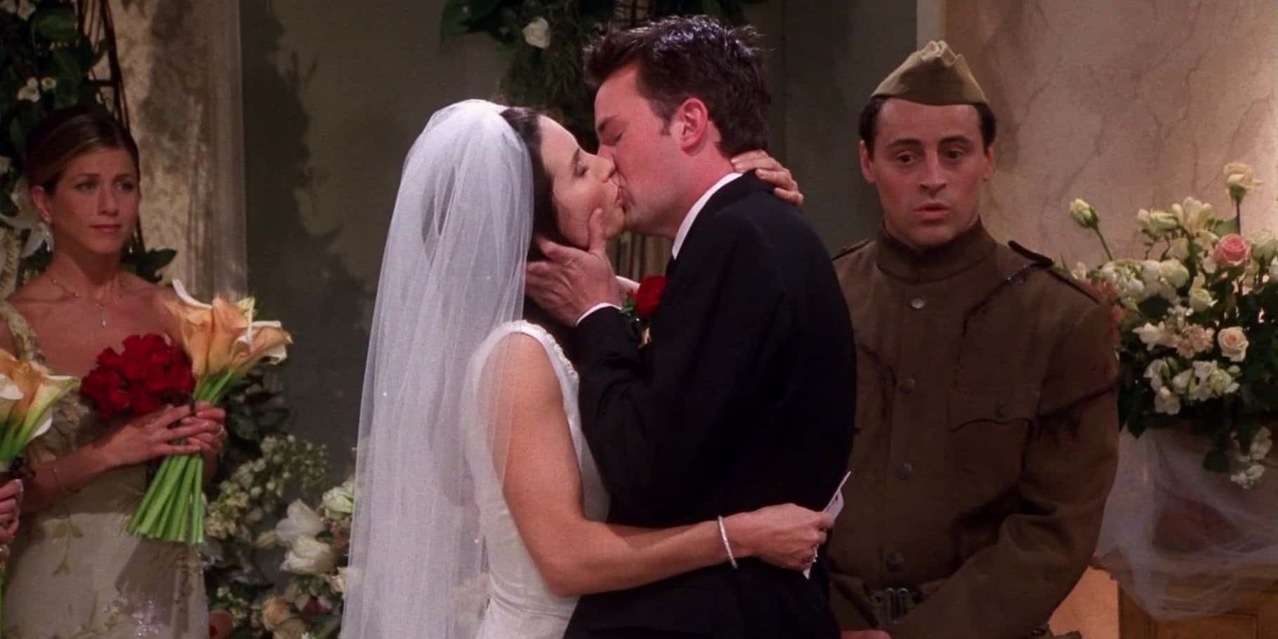 An image of Monica and Chandler kissing at their wedding