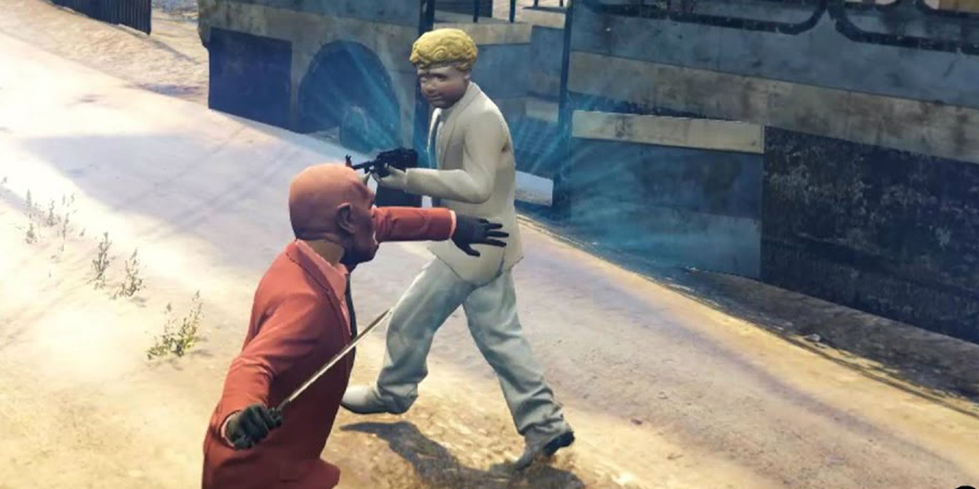 Two online players wearing masks in a gunfight