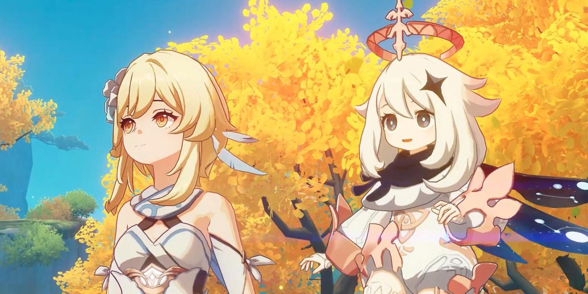 Genshin Impact Main Character and Paimon standing side by side with trees in background