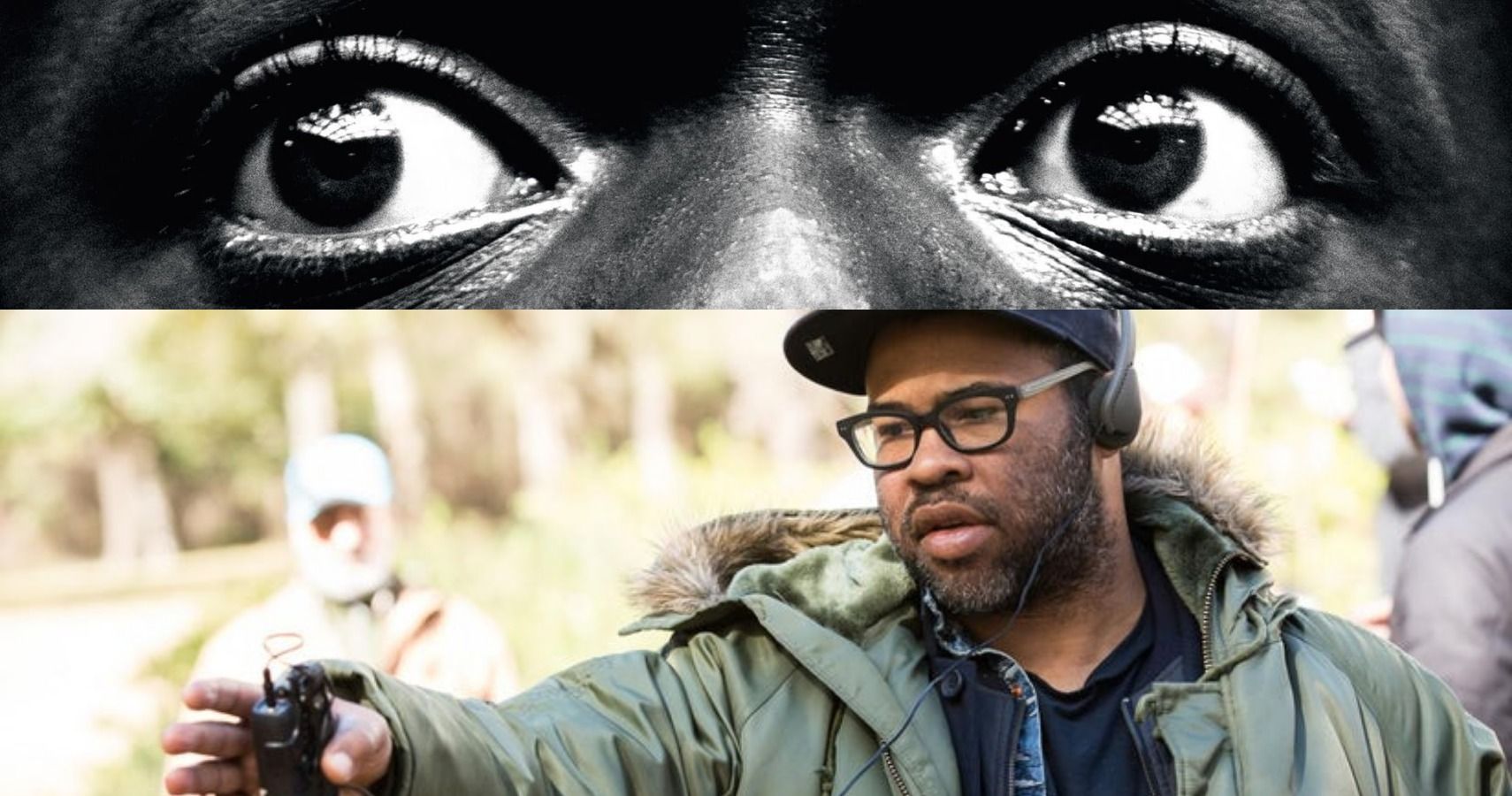 A split-screen image showing the eye close-up teaser of Get Out against a behind-the-scenes take of Jordan Peele directing the cast