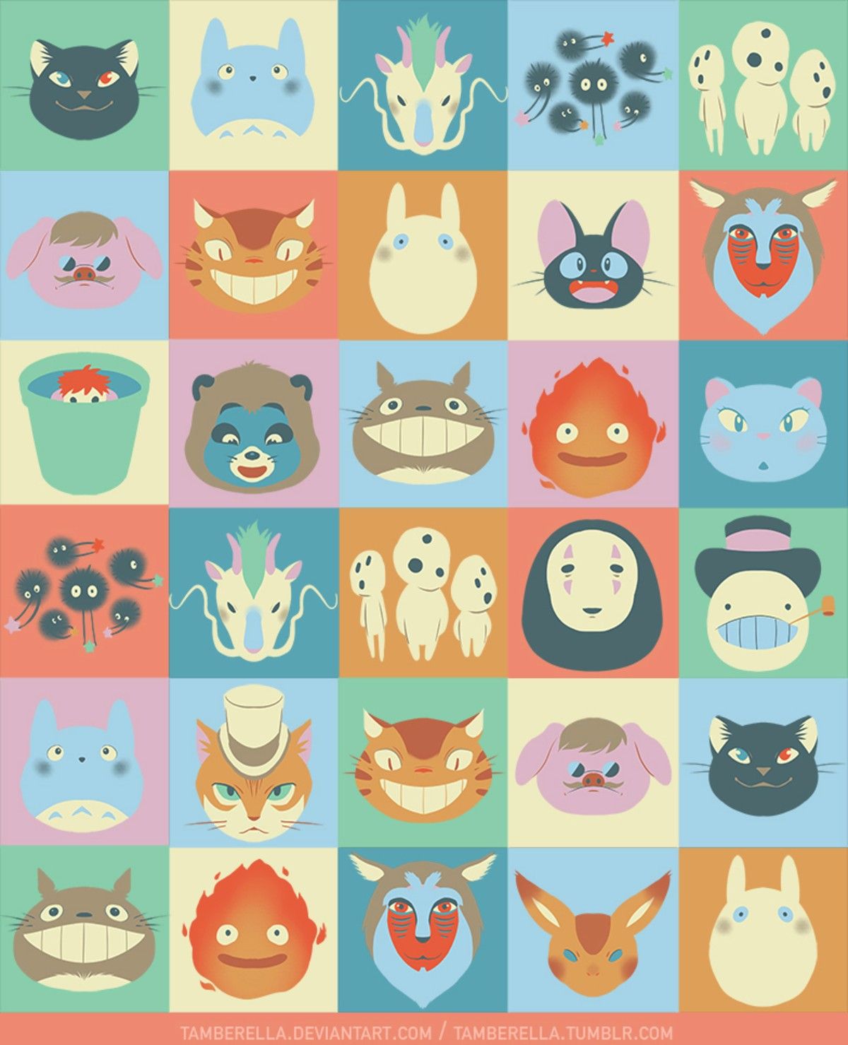 Studio Ghibili creatures arranged in a quilt pattern of fanart